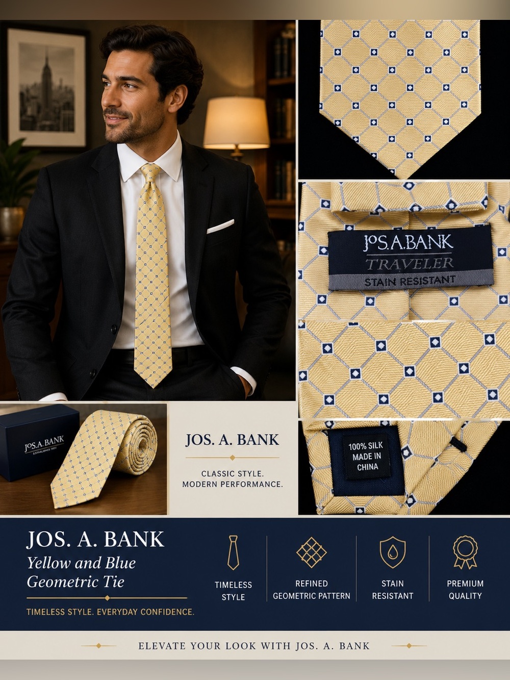 Jos. A. Bank Yellow and Blue Geometric Tie